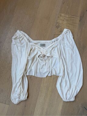 Urban Outfitters Cream Off-Shoulder Lace-Up Crop Top